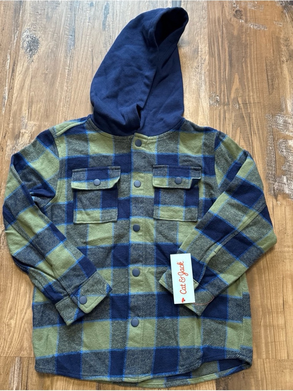 Cat & Jack Green and Navy Plaid Hooded Shirt Jacket